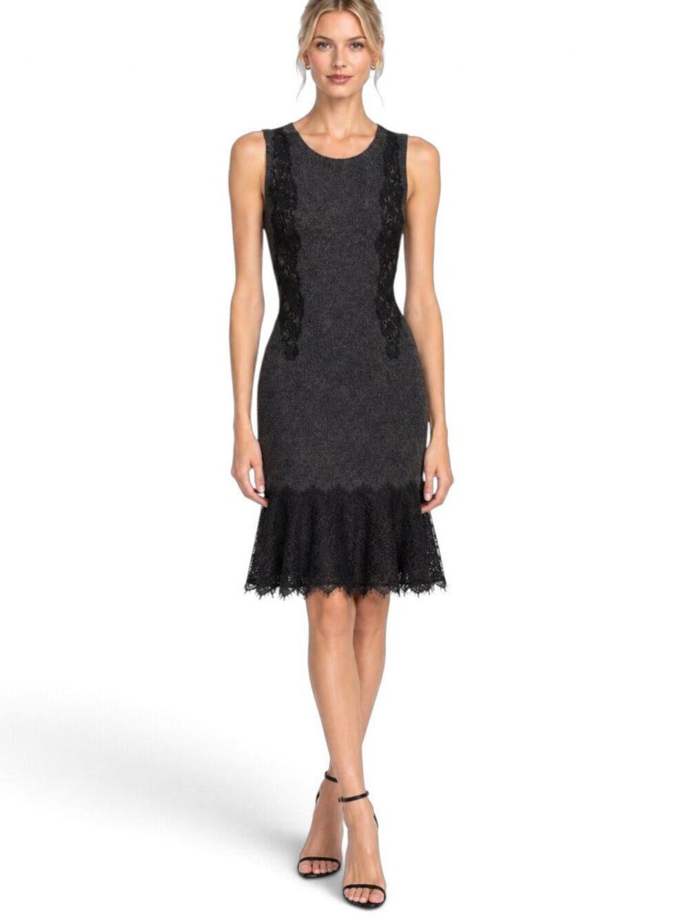 C by Bloomingdale's Charcoal Gray Cashmere Knit w/ Black Lace Trim Dress S